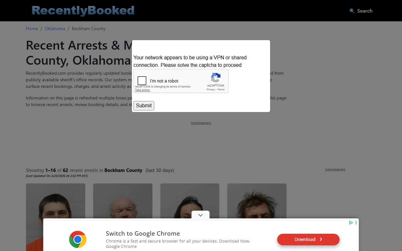 Beckham County booking reports recently booked search