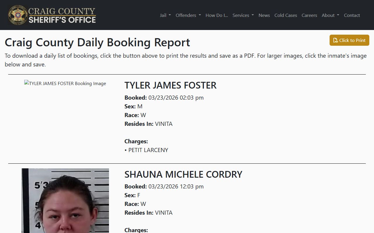 Craig County daily booking report page showing recent arrests