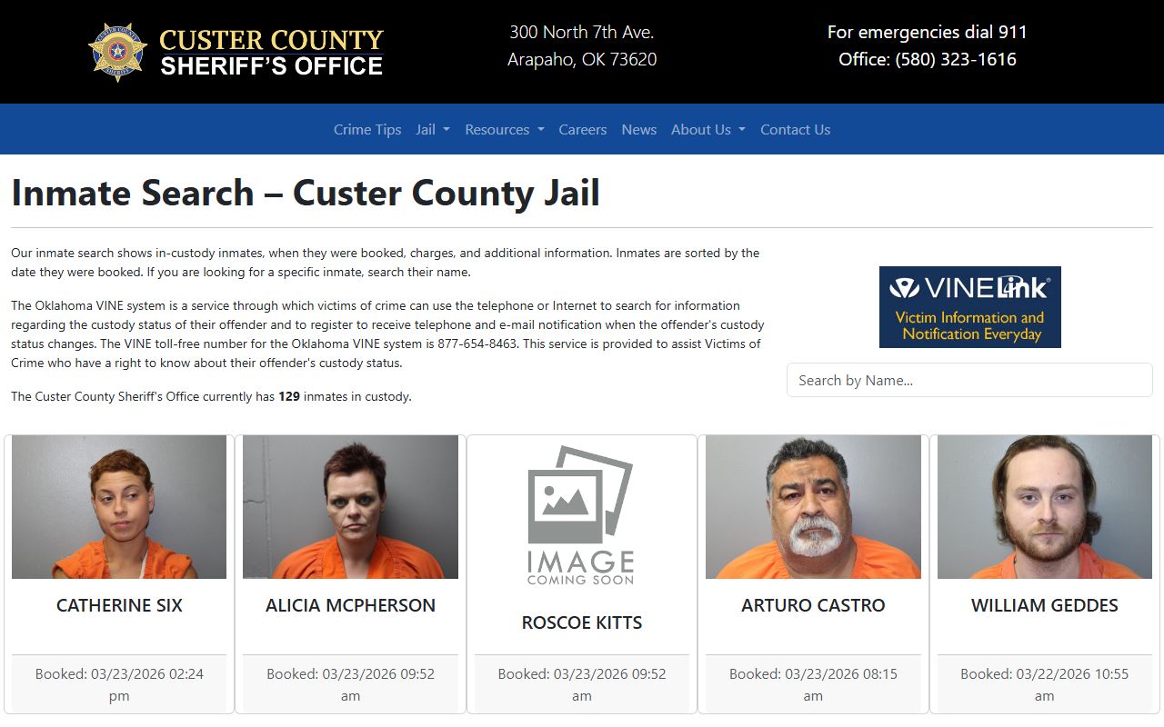Custer County inmate search listing sorted by booking date