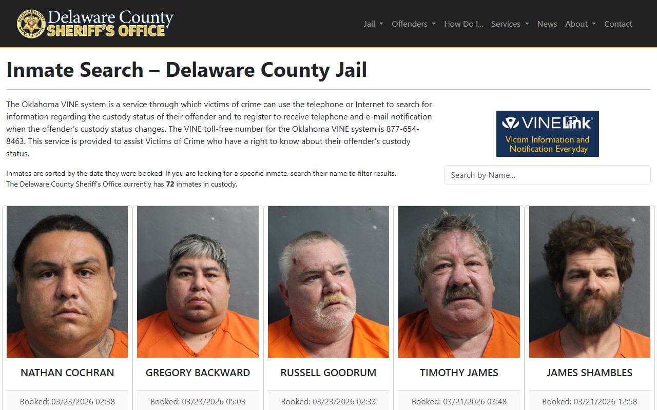 Delaware County inmate search page with booking report data