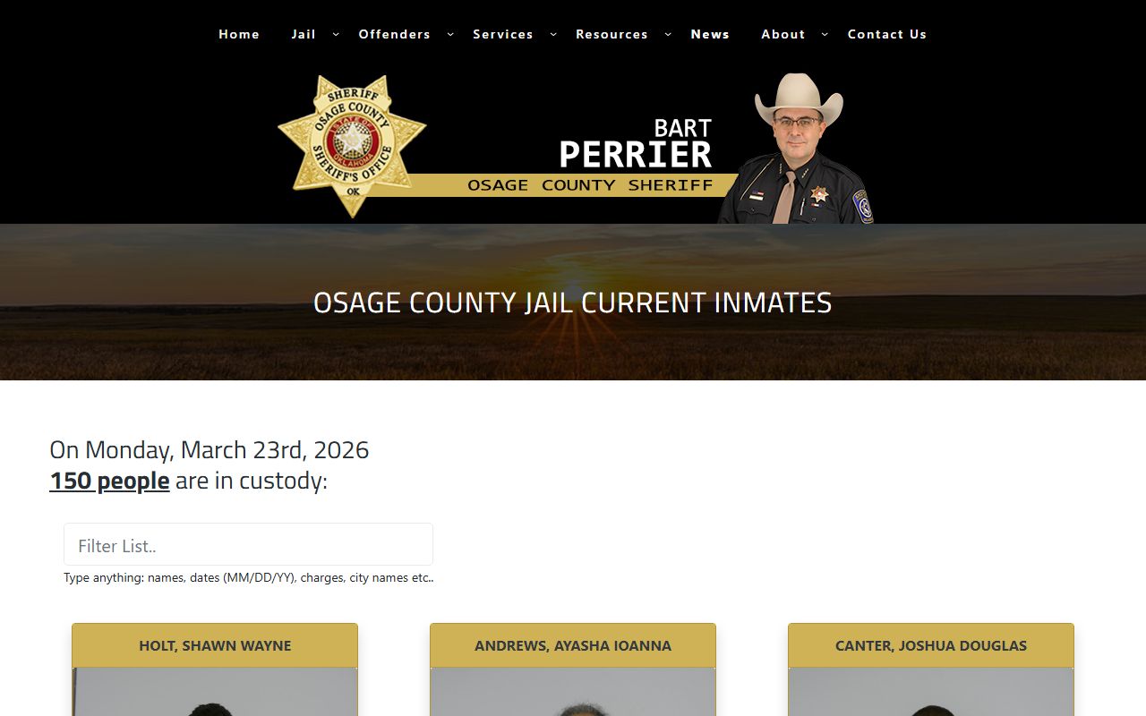 Osage County government website current inmates page showing booking reports