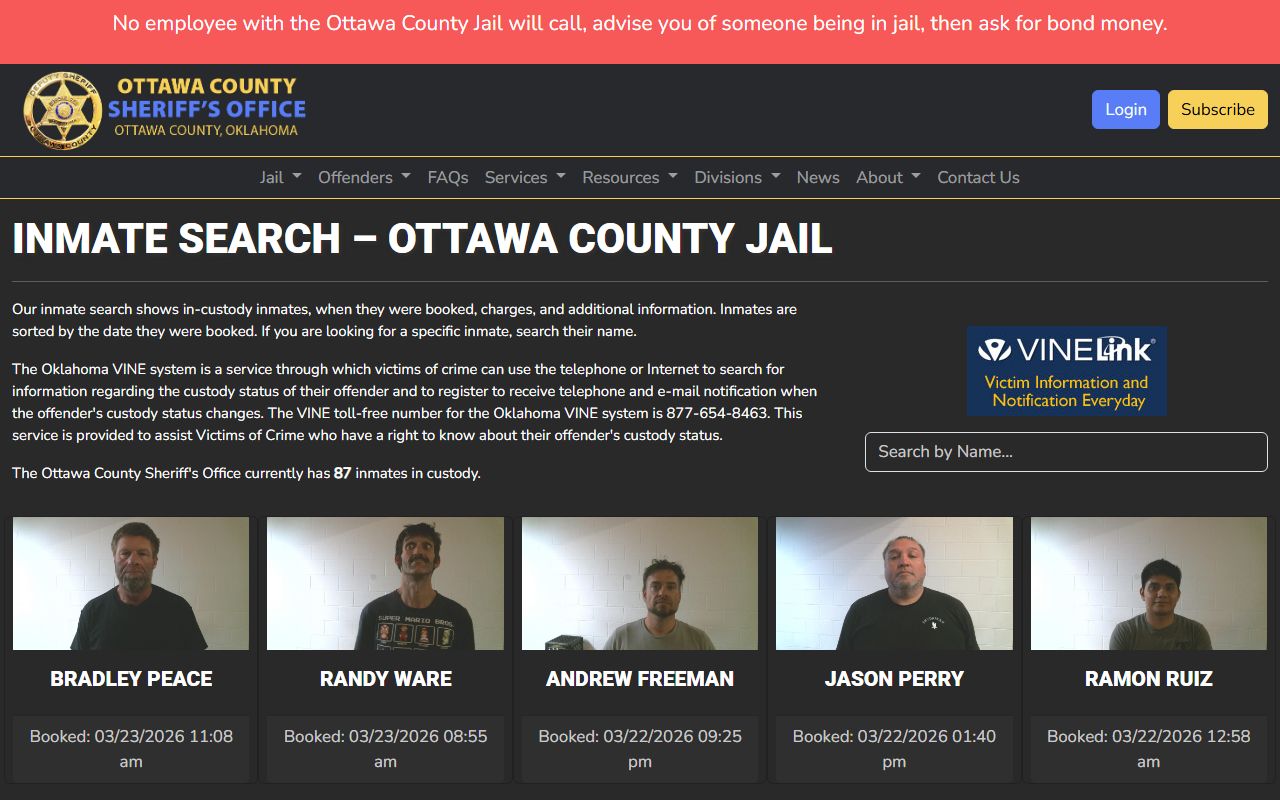 Ottawa County Sheriff's Office inmate search page showing booking reports