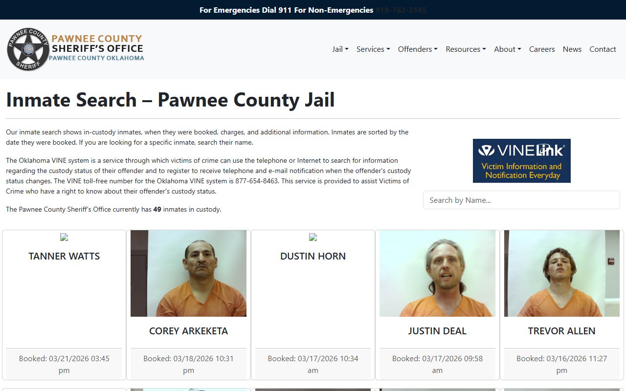 Pawnee County Sheriff's Office inmate search page for booking reports