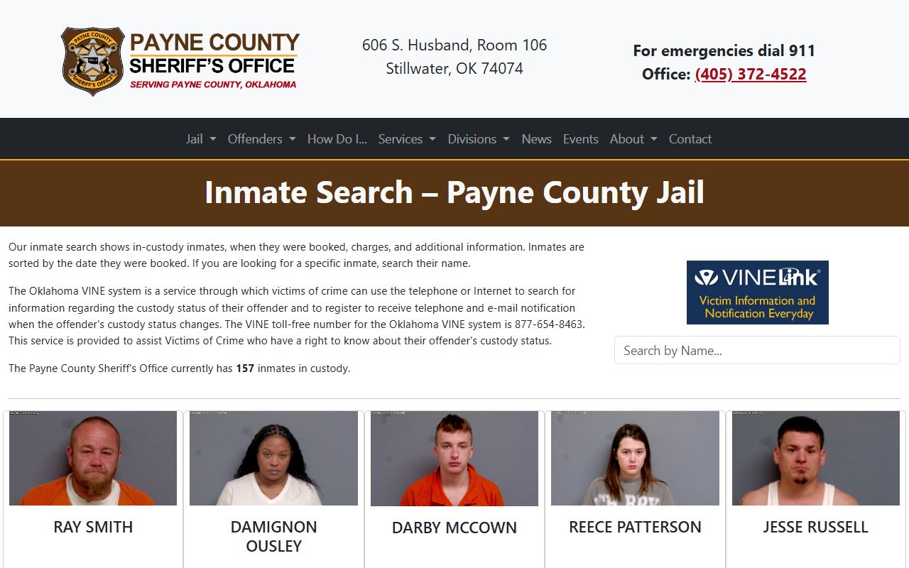 Payne County inmate search page showing booking reports and charges