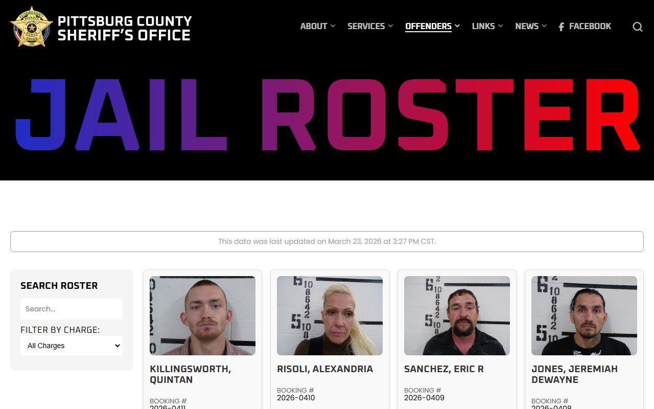 Pittsburg County Sheriff jail roster page showing current booking reports