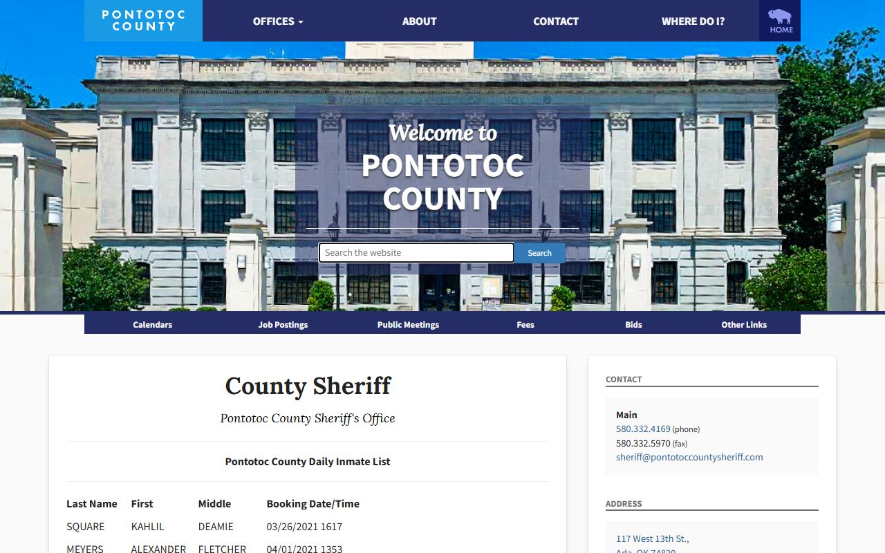 Pontotoc County daily inmate list showing current booking reports