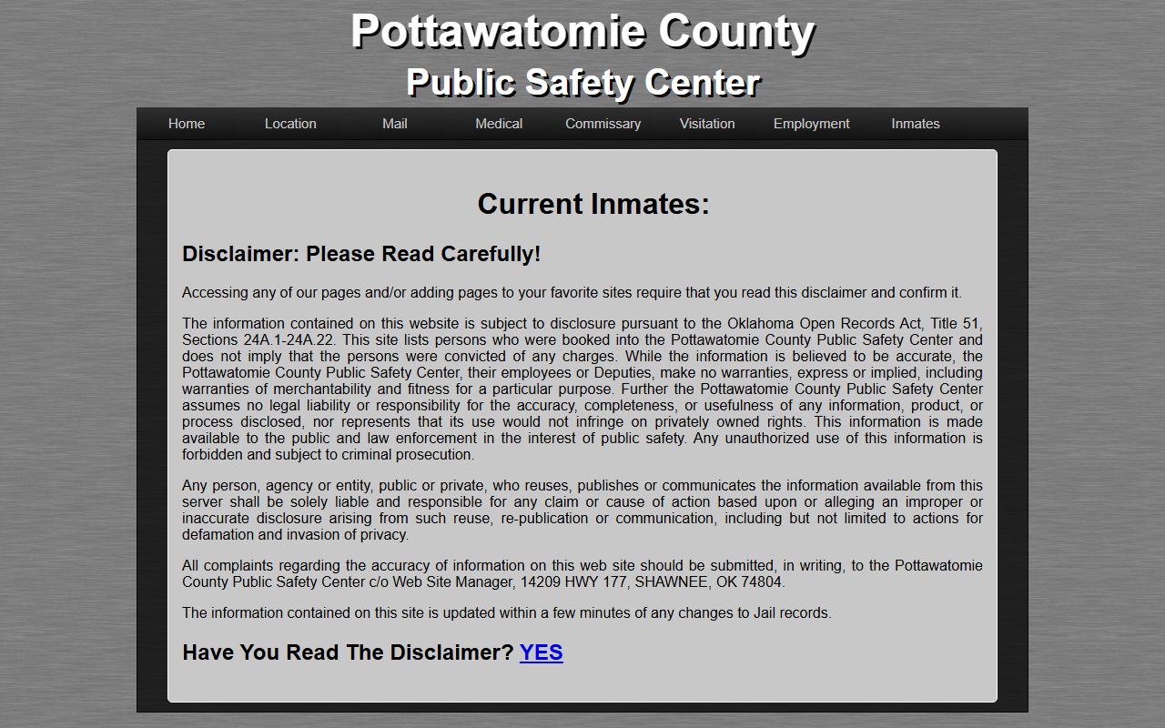 Pottawatomie County Public Safety Center inmates page