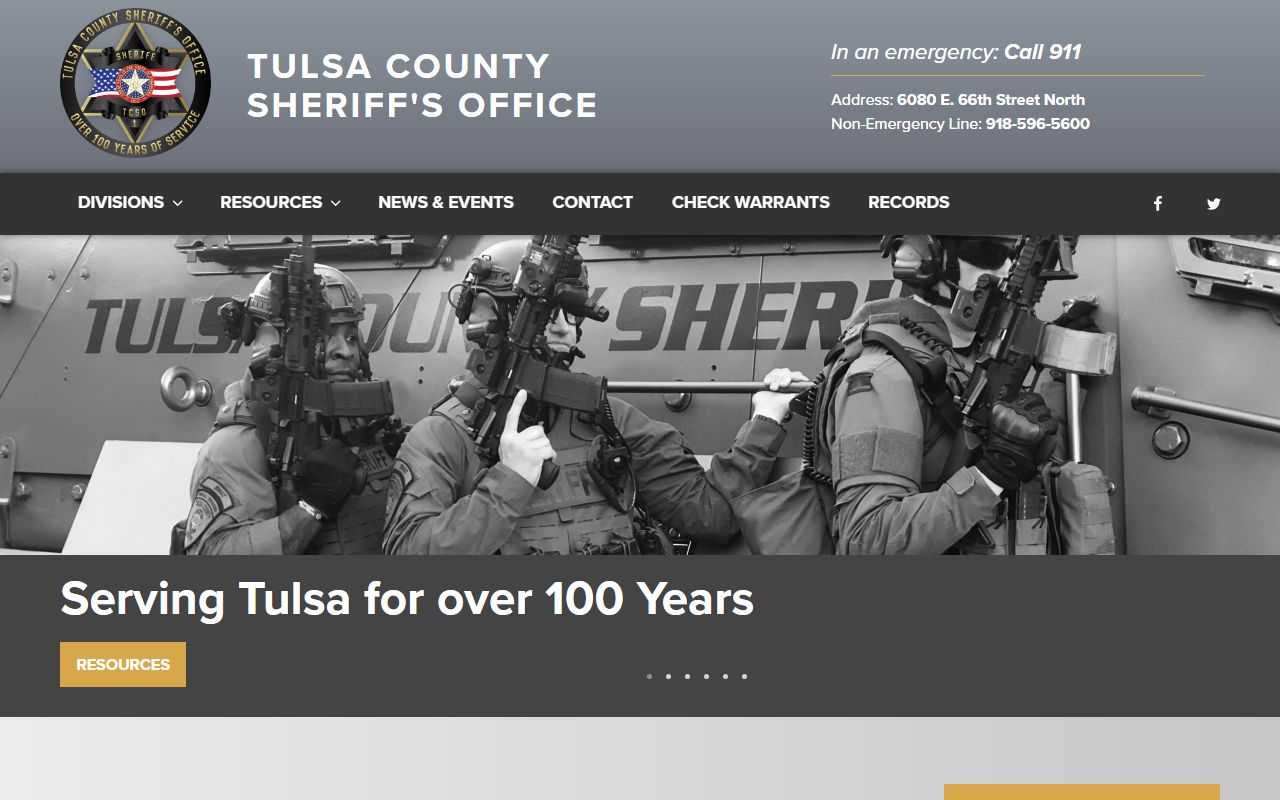 Tulsa County Sheriff's Office website for booking reports and inmate search