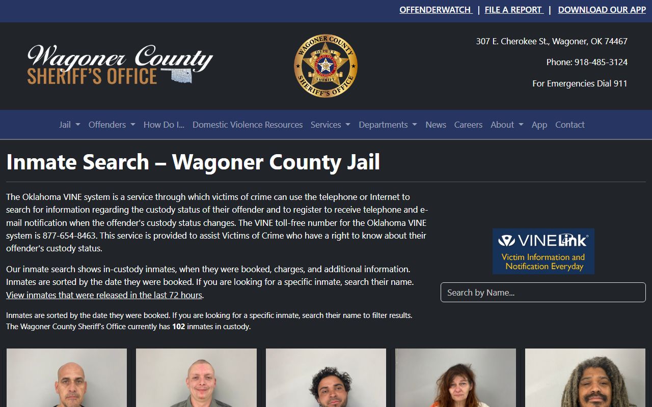 Wagoner County inmate search page showing booking reports and jail roster