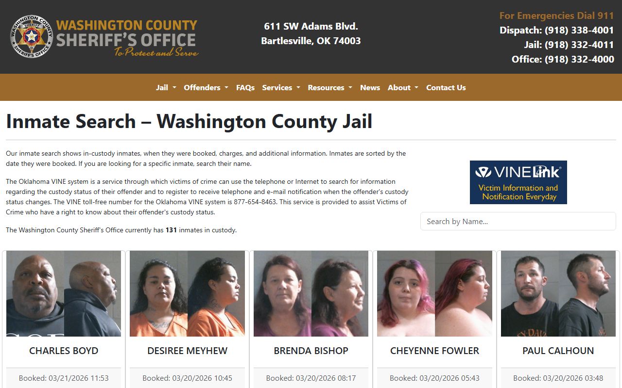 Washington County Sheriff inmate search page for booking reports