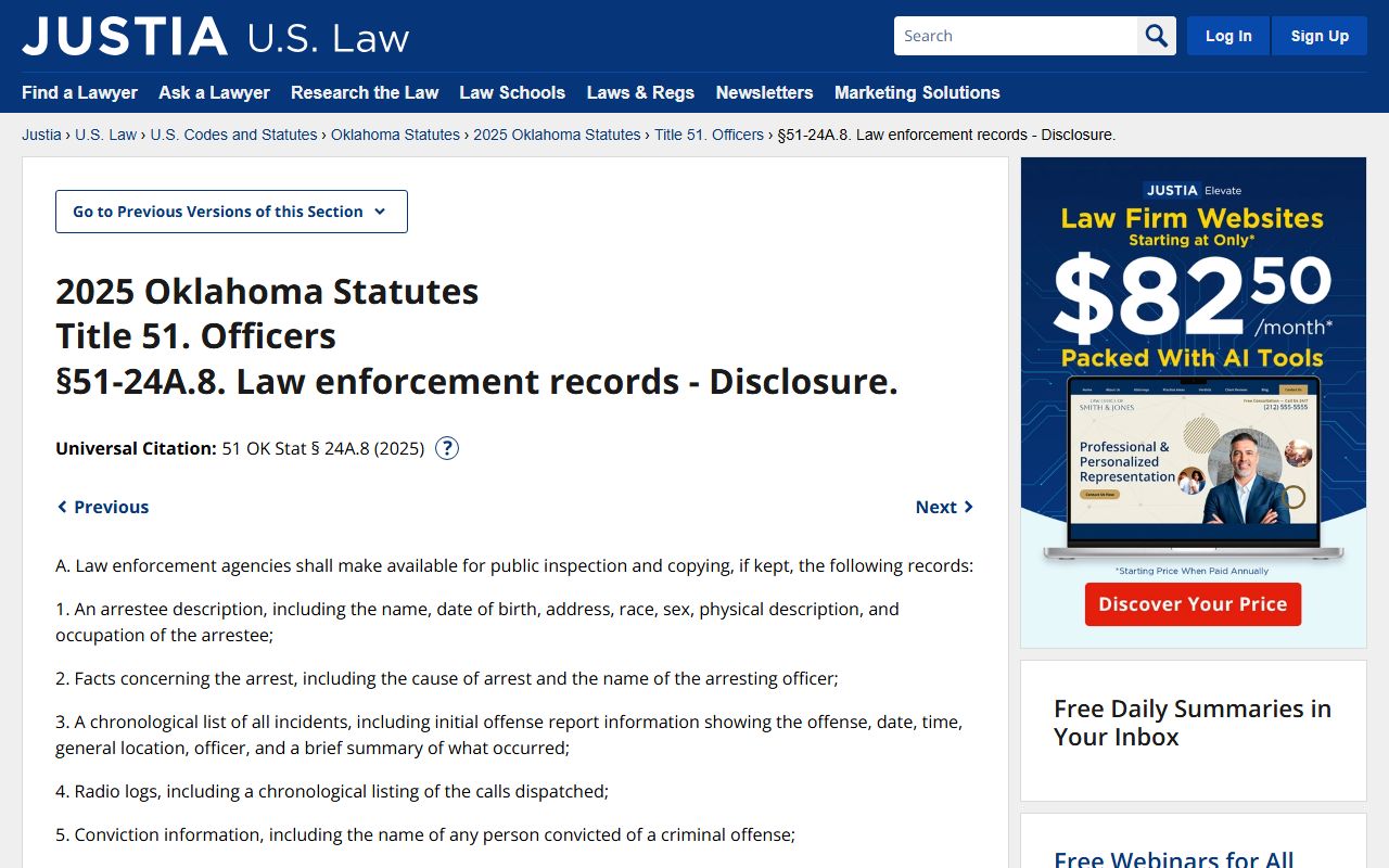 Oklahoma Open Records Act booking reports statute